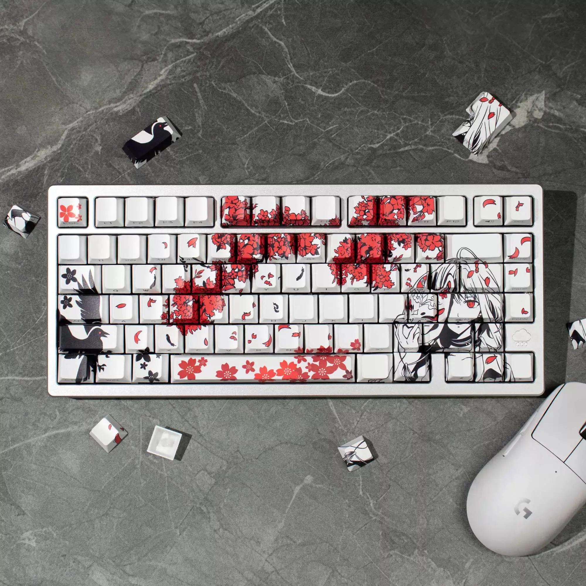 129 Raven Sakura Keycap Anime lucu Keycap Double Shot Sidelit bersinar melalui PBT Keycap untuk MX Keyboard mekanis