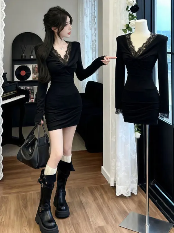 

Sexy V-ne Bodycon ort Skirt Little Women Faion Bla Dr High Waist Lace Splice Long Sve Busin Casual All Seasons