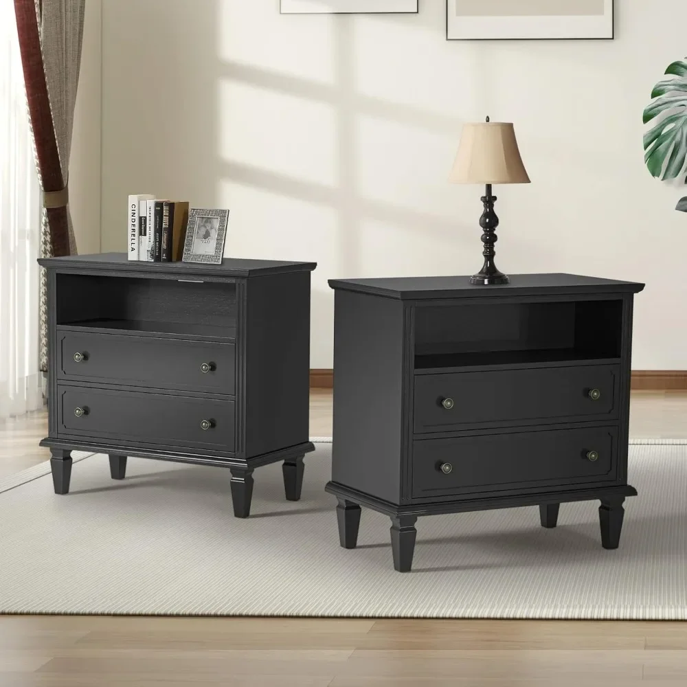 Farmhouse Nightstand with Charging Station,  with USB Ports and Outlets, Fluted Pilasters Bedside Table with Open Space Dresser