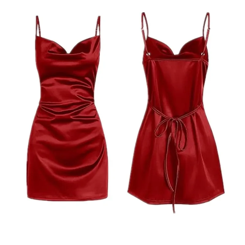 Satin Slip Dress Women Silk Low Cut Smocked Solid Color Party Dresses Cowl Neck Backless Mini Dress Nightclub Short Vestidos