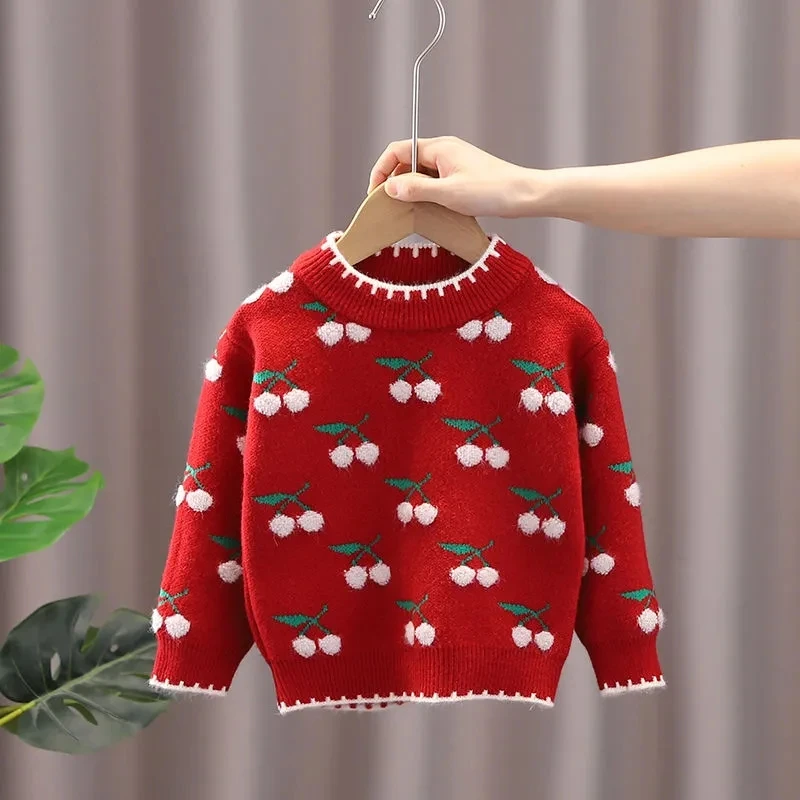 

Sweet Girls Knitted Pullove Sweater Small Cherry Hook Flower Sweater Baby Autumn Winter Crewneck Coat Children's Bottom Coat