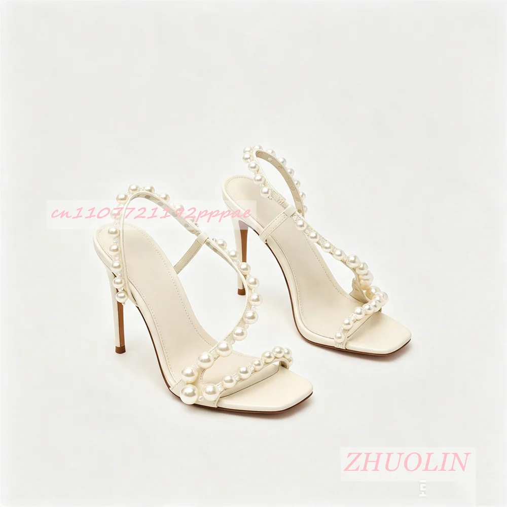 Women Open Toe High Heel Sandals Pearl Detail Slingback Shoes Strappy Stiletto Cream White Wedding Party Fashion Dress Footwear