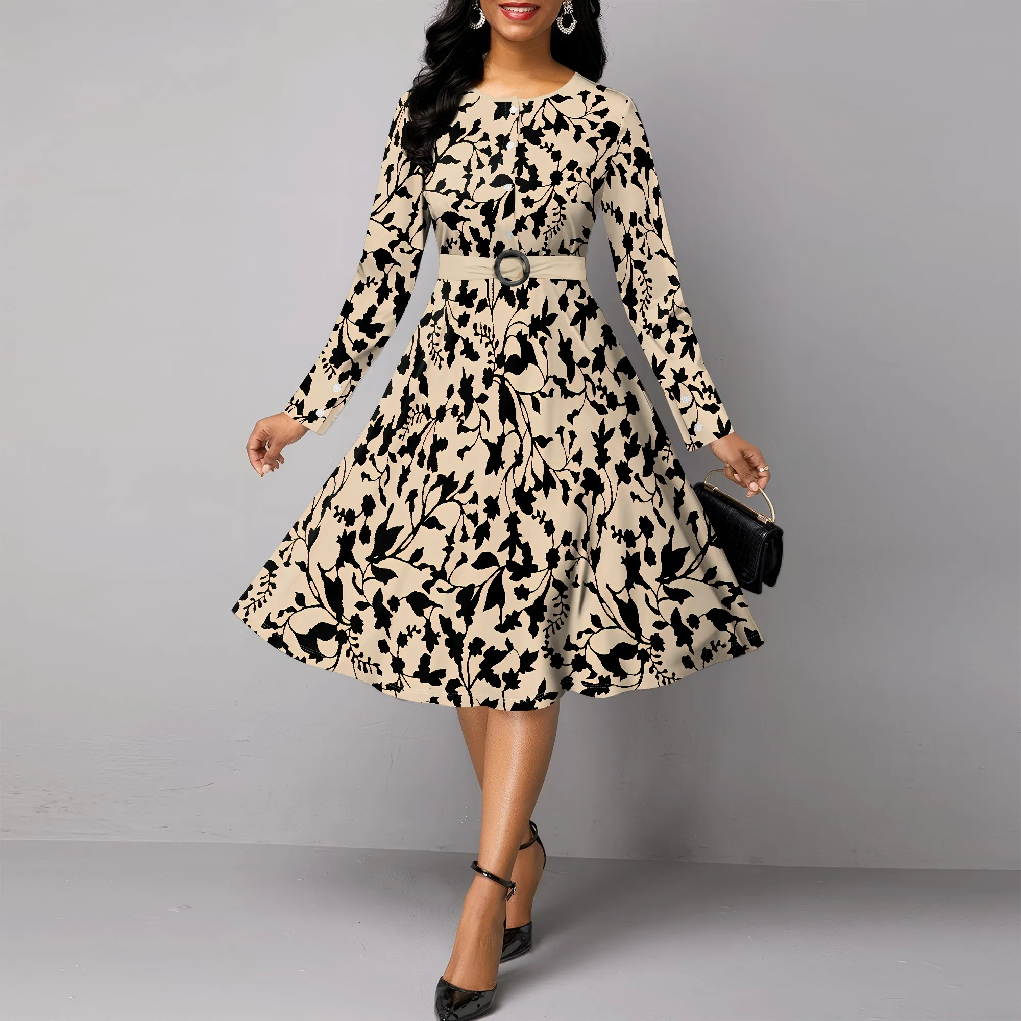 

Women's Long Sleeve Floral Belted A-Line Dress Round Neck Casual Autumn Outfit