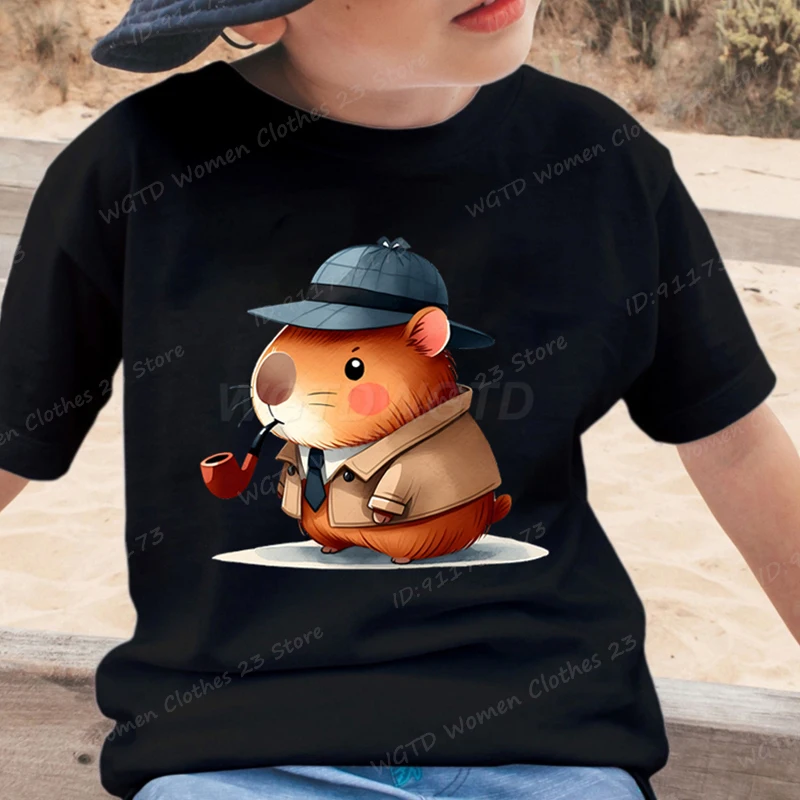 Camiseta con estampado de capibara de dibujos animados, camisetas de verano de manga corta con cuello redondo, camiseta para niños, camiseta de moda con cuello redondo, camisetas informales