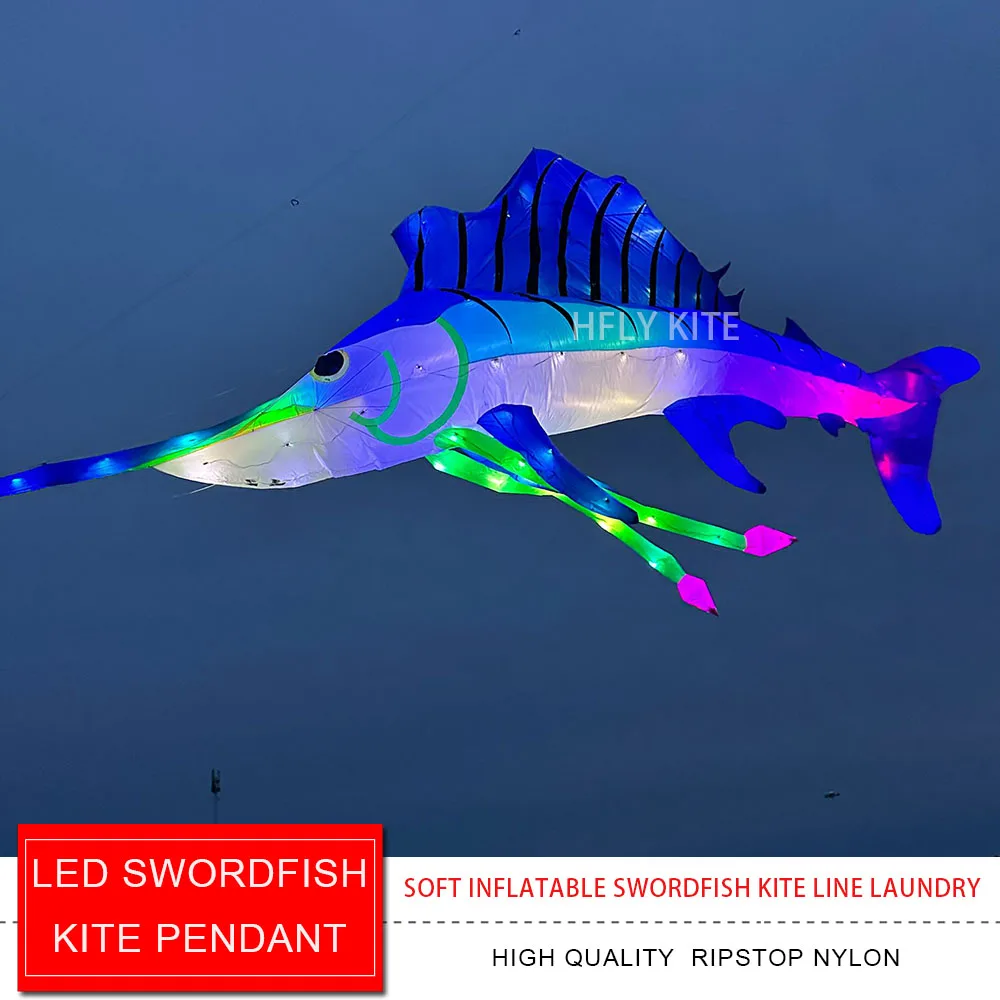 New Arrival Soft Inflatable 10m LED Swordfish Kite Pendant for Adults High Quality 40D Nylon Fish Kite Line Laundry with lights
