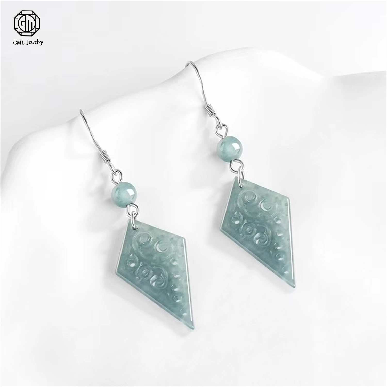 Natural Grade A Jadeite Blue Water Openwork Antique Pattern Earrings Ice Translucent Women Drop Ethnic Style Jewelry Gift