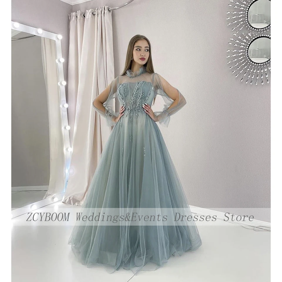 

Charming High-Neck A-Line Sequin Evening Dress 2025 Elegant Floor Length Full Sleeves Tulle Zipper Custom Made Prom Gown
