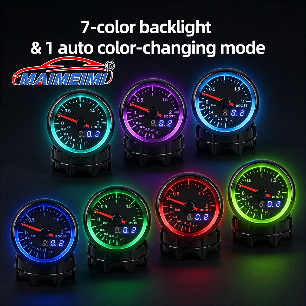 % 52MM Turbo boost gauge 2Bar Boost meter 7 Colors Dual Display Pointer instrument with stepper motor Boost sensor
