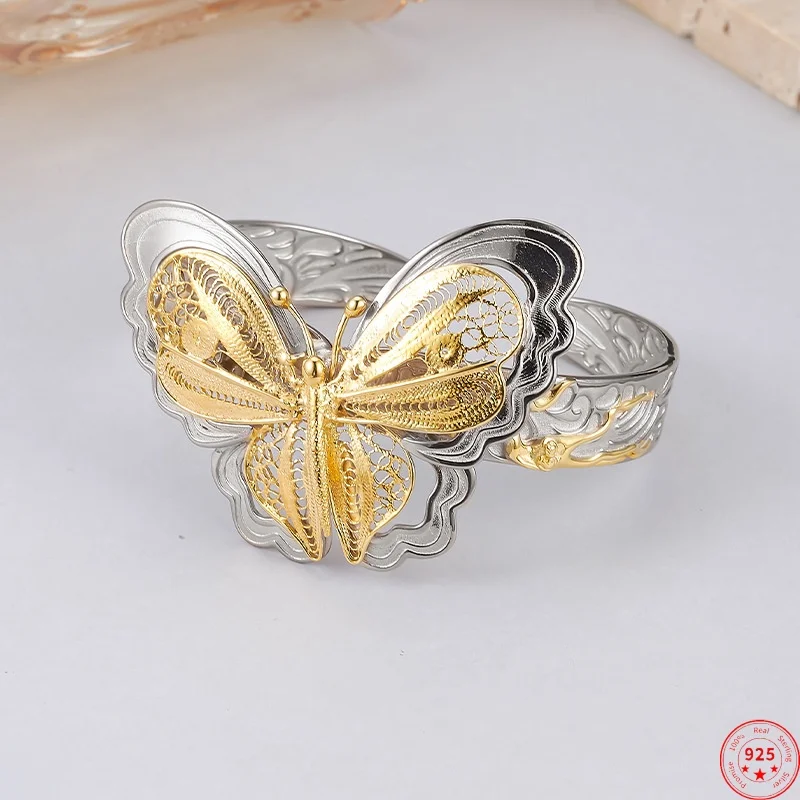 S925 Sterling Silver Bracelets for Women Contrast Colored Hollow Flowers Filigree Wire Inlay Bangle Fashion Jewelry Wholesale