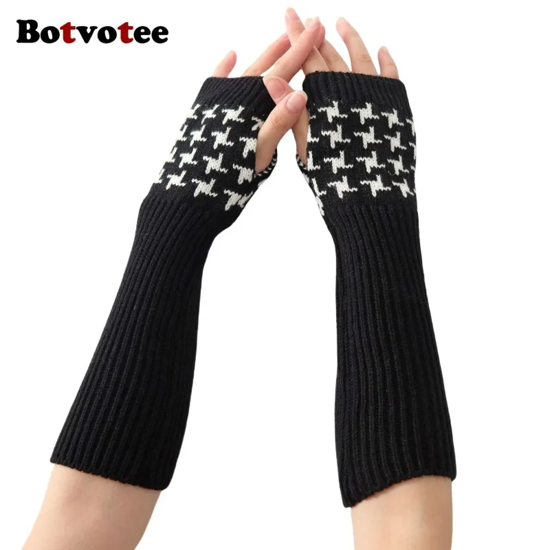 Botvotee الأكمام للنساء Y2k اكسسوارات أصابع قفازات مدفئات للذراع متماسكة شتاء دافئ houndstooth طويل الأيدي الحرة قفازات