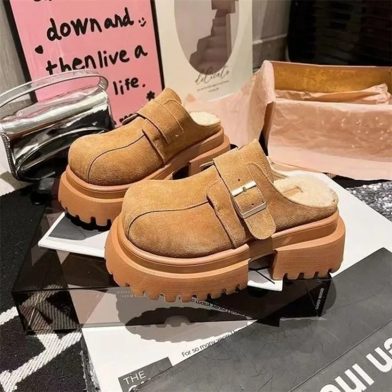 2024 Spring and Autumn New Fashionable Round Head Matte Leather Surface Buckle Thick Bottom Comfortable Women's Baotou Slippers