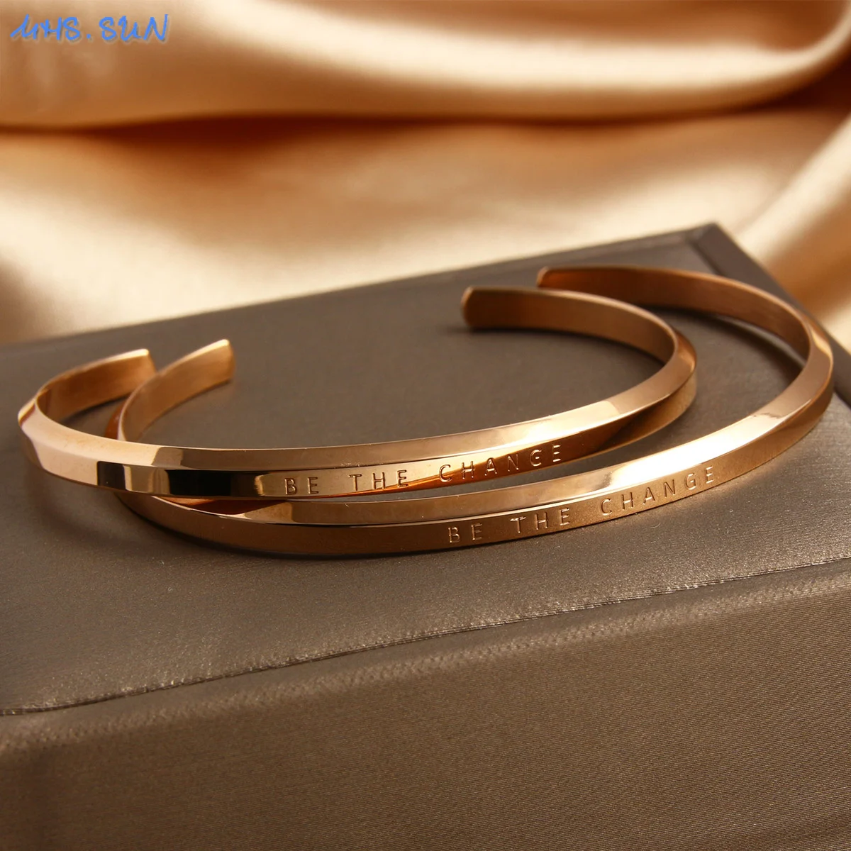 MHS.SUN Waterproof Stainless Steel Engraved Word Bangles Fashion Gold Silver Color Open Bracelet For Women Men Couple Jewelry