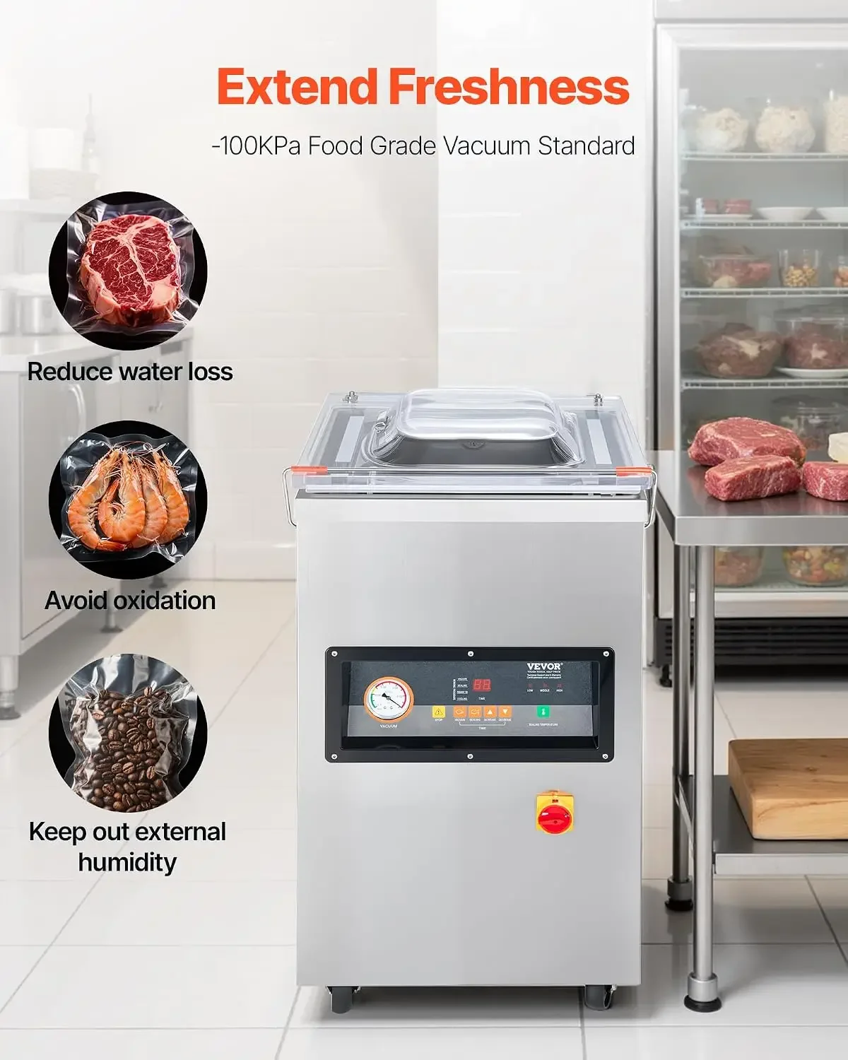 Chamber Vacuum Sealer, 100kPa Powerful Vacuum Sealing Machine, LED Screen, One-Touch Compact Meat Packing Machine with 2 Sealing