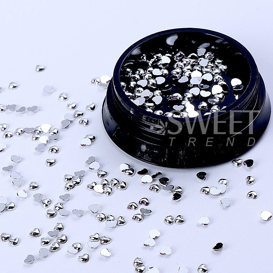 1 صندوق الفضة القلب مسمار الفن الديكور ثلاثية الأبعاد المعادن شقة القلب الحب سحر مجوهرات أظافر لوازم الأظافر الفاخرة DIY بها بنفسك مانيكير الملحقات