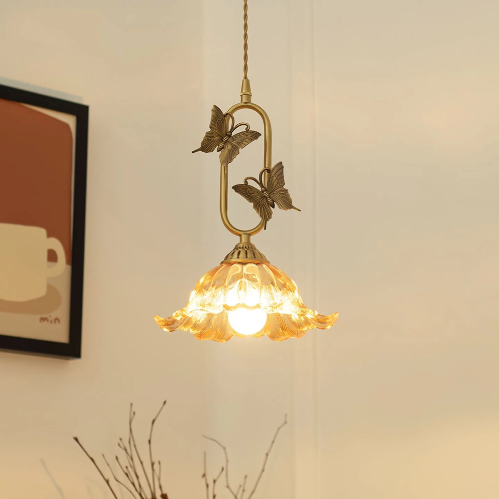 American Butterfly Light Amber Glass Pendant Lamps for Bedroom Bedside Living Room Hallway Decor Recharageable Battery Optional
