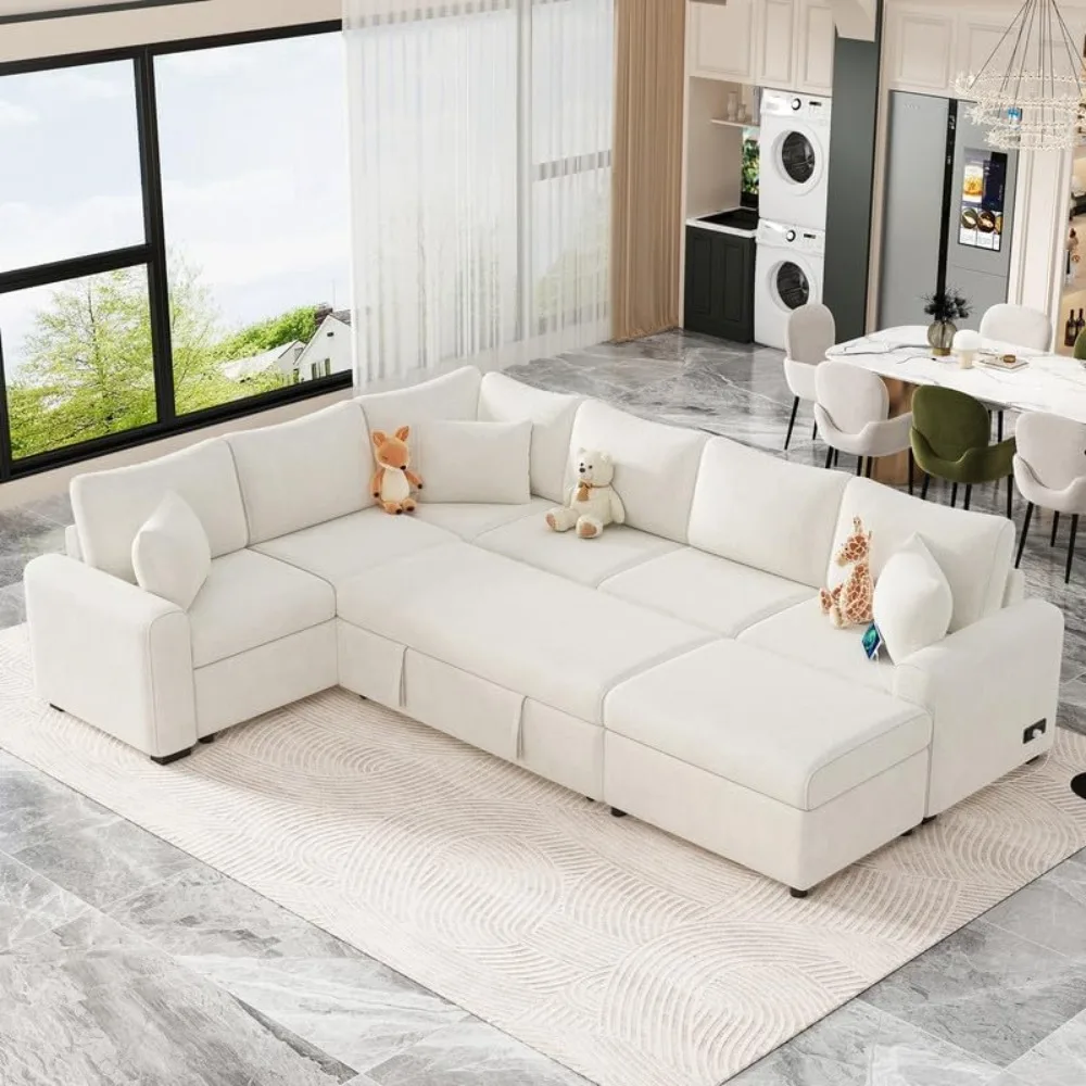 

112.2" Sectional Sofa Pull-Out Sofa Bed Sleeper L-Shaped with a Storage Ottoman,Three Pillows and Charging Devices