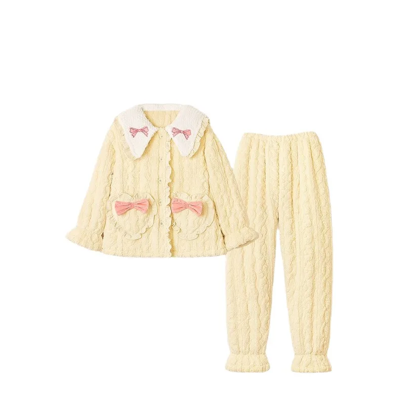 Pijamas de lana de Coral para mujer, traje de chaqueta acolchada de algodón cálido de tres capas, ropa de exterior engrosada para niña dulce, conjuntos de Pijamas para mujer, Invierno