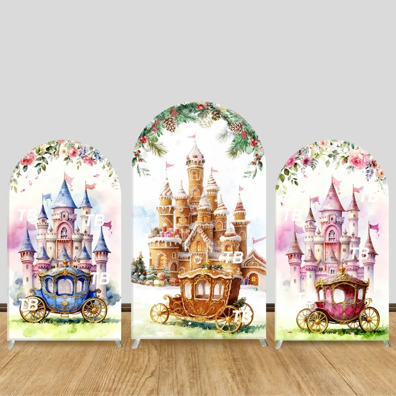 

Fairy Tale Castle & Carriage Arch Backdrop Cover Watercolor Christmas Theme Party Decor Photo Booth Background Celebration