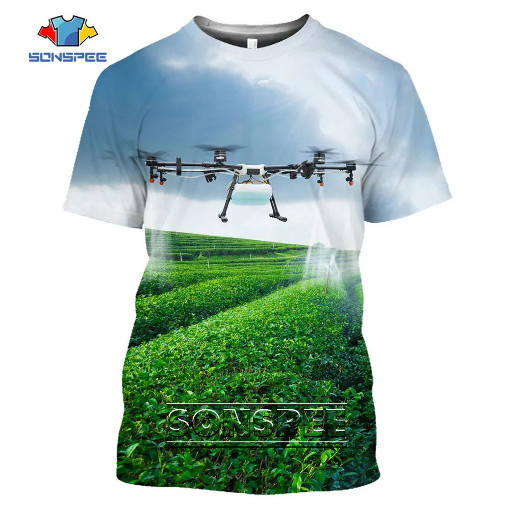 SONSPEE Agricultural Drone Pattern 3D Printed Casual Quadcopter Racing Original Collar T-shirt Men Women Punk Hip-hop Farm Tops