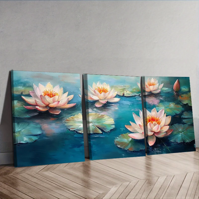 3 шт. холст в рамке, настенное искусство - водяные лилии на воде, каждая 11,81x15,74 дюйма, водонепроницаемый холст HD, современный дом и офис, декабрь
