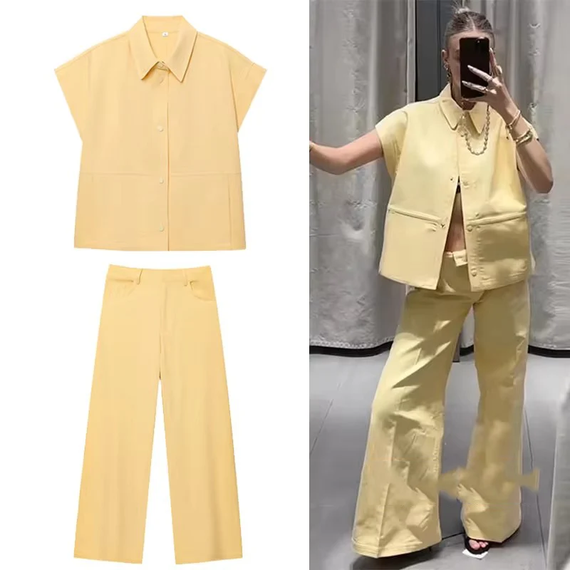 스트리트 패션 조끼 바지 세트 여성 투피스 라펠 반팔 조끼 와이드 레그 바지 2025 여름 캐주얼 의상