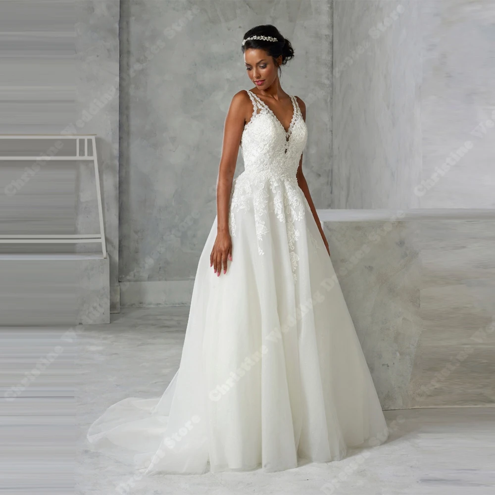 

2025 Vintage Tulle Women Wedding Dresses Sexy V-Neck Sleeveless A-Line Bridal Gowns Mopping Length Vestidos De Novia Customized