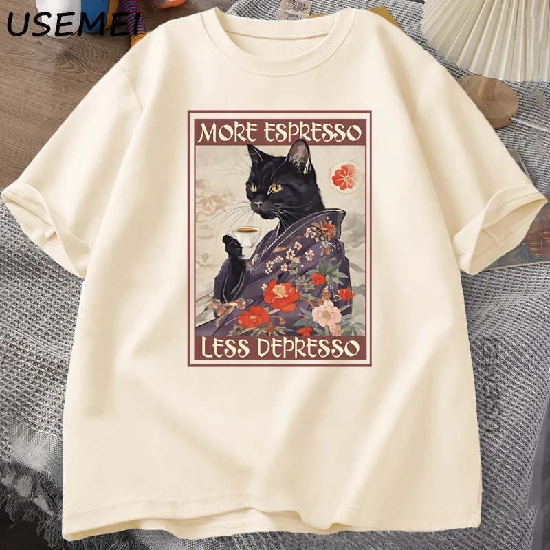 More Espresso Less Depresso Humorous T-Shirt Men Women Black Cat Coffee T Shirt Cotton Y2k Summer Loose Short Sleeve Tee