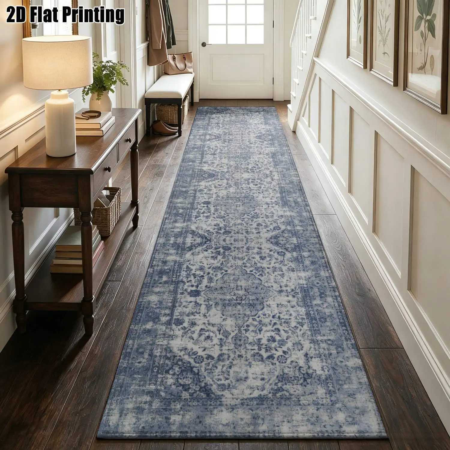 1Pc 2D Printed Long Strip Rug: Blue-Grey Retro Floral Pattern Multi-Style, Washable, Multi-Size, Ideal for Entryway, Hallway, Living Room, Bedroom Home Decor.