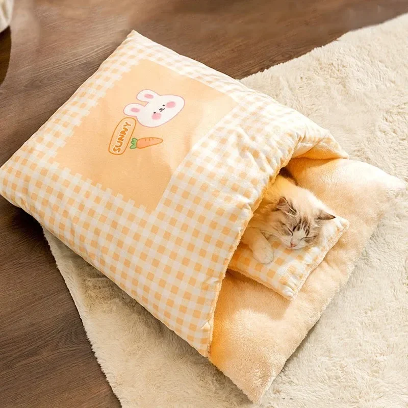 

Bed Cats Plaid Little Rabbit Autumn Winter Warm Thick Cat Sleeping Bag Cat Bed Closed Pet Mattress House for Cats Basket