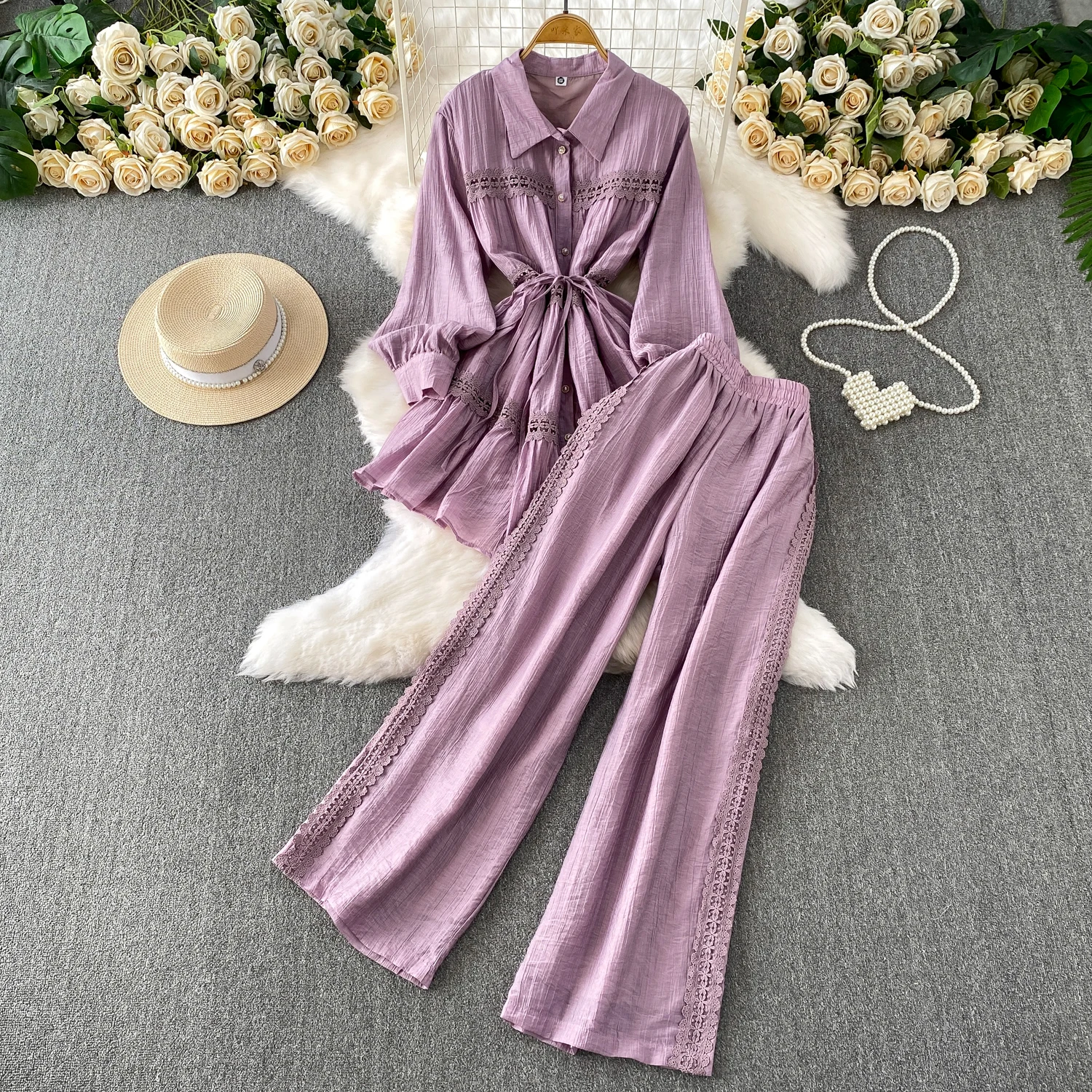 

ALPHALMODA 2025, длинные рукава, кружевное лоскутное шитье, однобортное, рубашка с поясом + брюки с высокой талией, женский комплект из 2 предметов, повседневный костюм