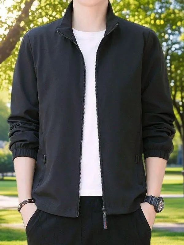

Spring Autumn Lightweight Jaet Men's Stand Collar Pure Color Casual Busin High End Outerwear Breathable Stand Fit