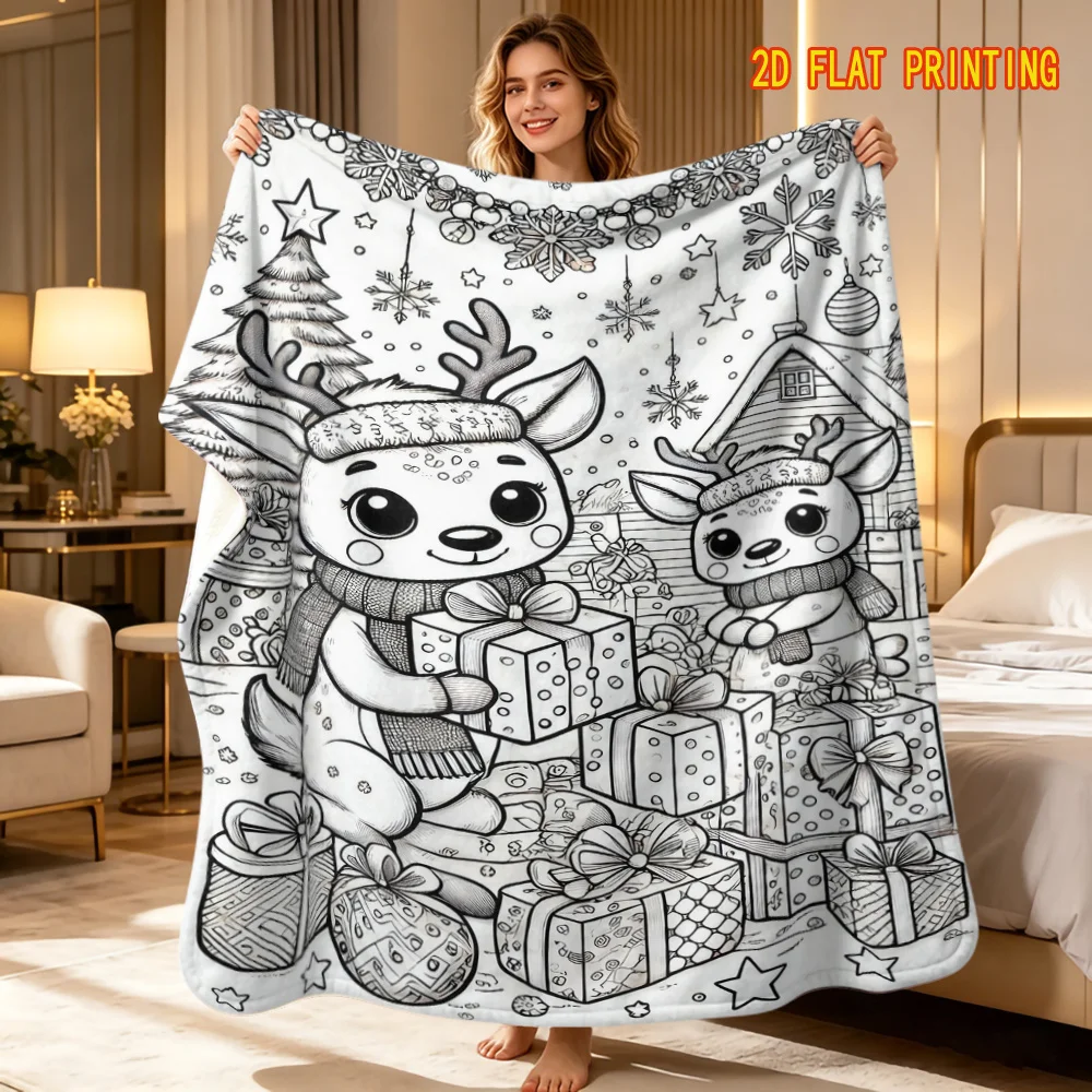 1pc Hand‑Painted Style Christmas Reindeer Paint‑by‑Number Throw Blanket, Black‑White Line Art with Reindeer, Gift Box