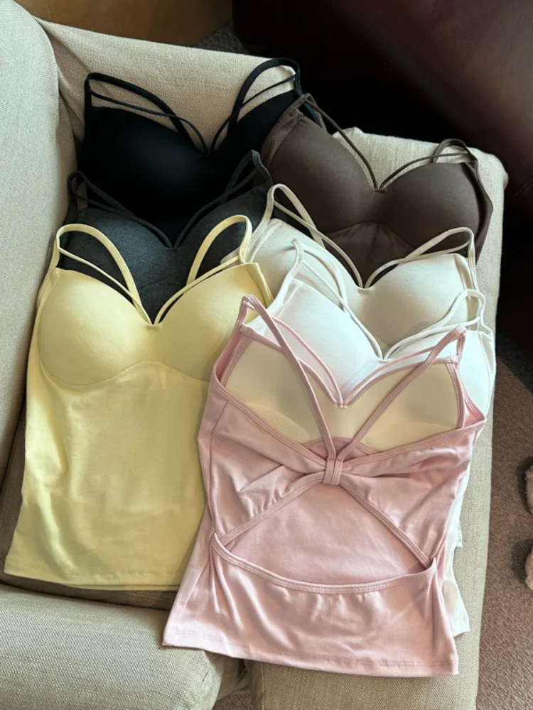 

Spring Summer New Style Small Strap Vest Women's Outerwear Beautiful Back Integrated Bra Underwear Sexy Fashion Top