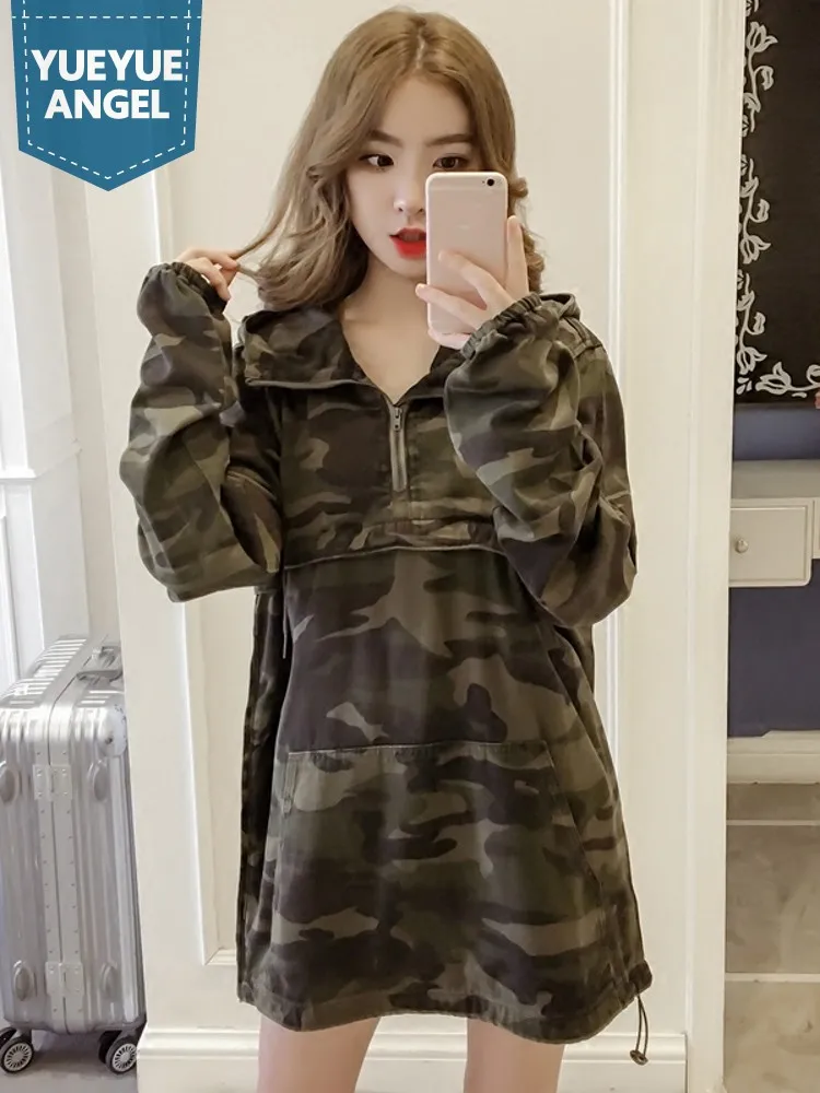 

Boyfriend Style Women Loose Fit Mid Long Camouflage Printed Hooded Denim Jacket Casual Streetwear Outwear Autumn Harajuku Jacket