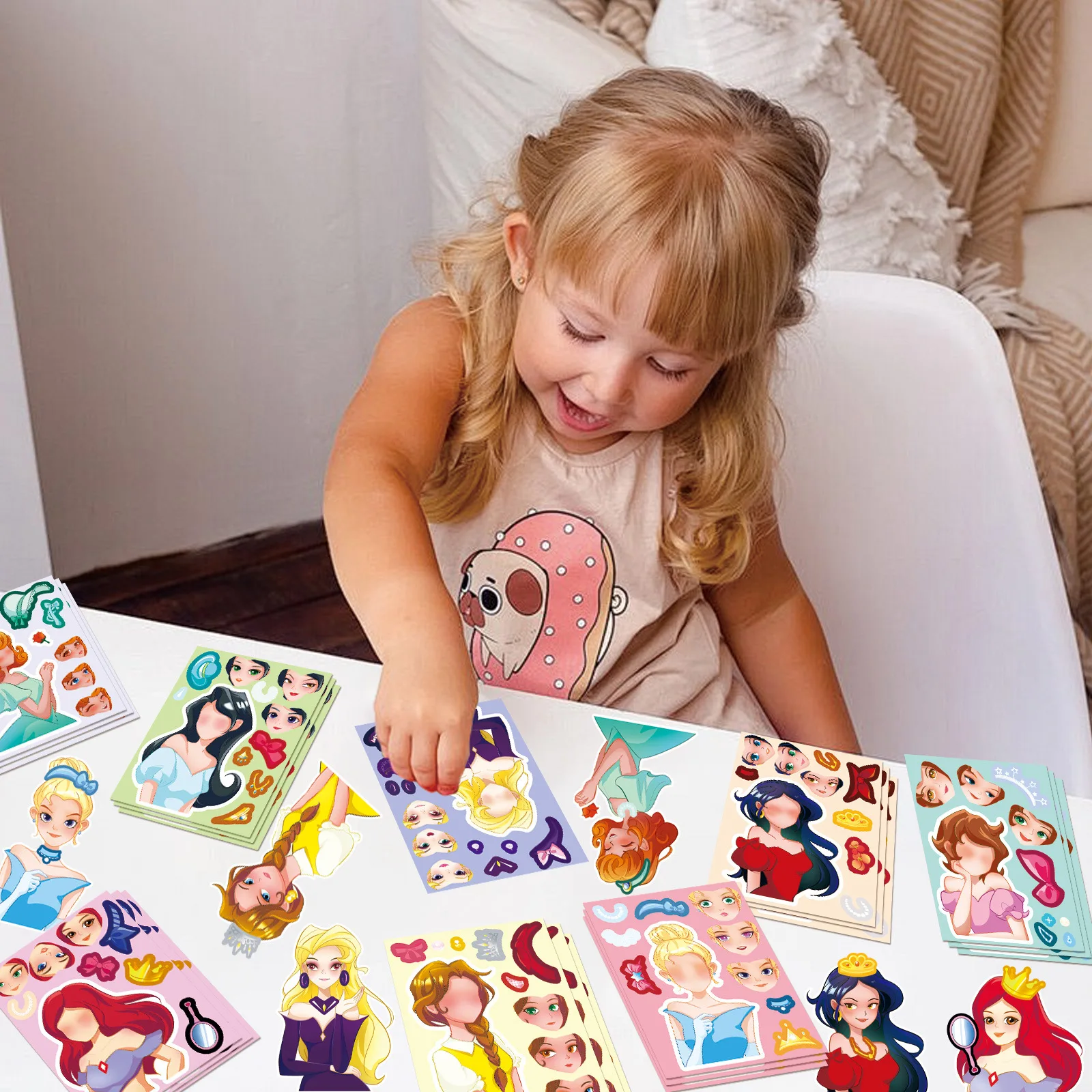 8/16 fogli Principessa dei cartoni animati Crea una faccia Adesivi puzzle I bambini rendono il tuo gioco fai da te Regalo giocattolo educativo puzzle per bambini