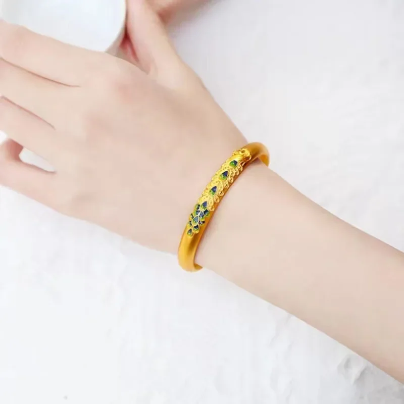 9999 real gold 24K yellow gold Women's ancient enamel peacock bracelet