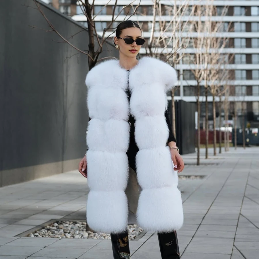 

Жилет из натурального лисьего меха для женщин, белые шубы из лисьего меха с круглым воротником, укороченная меховая куртка, новый стиль, теплые длинные жилеты из натурального меха