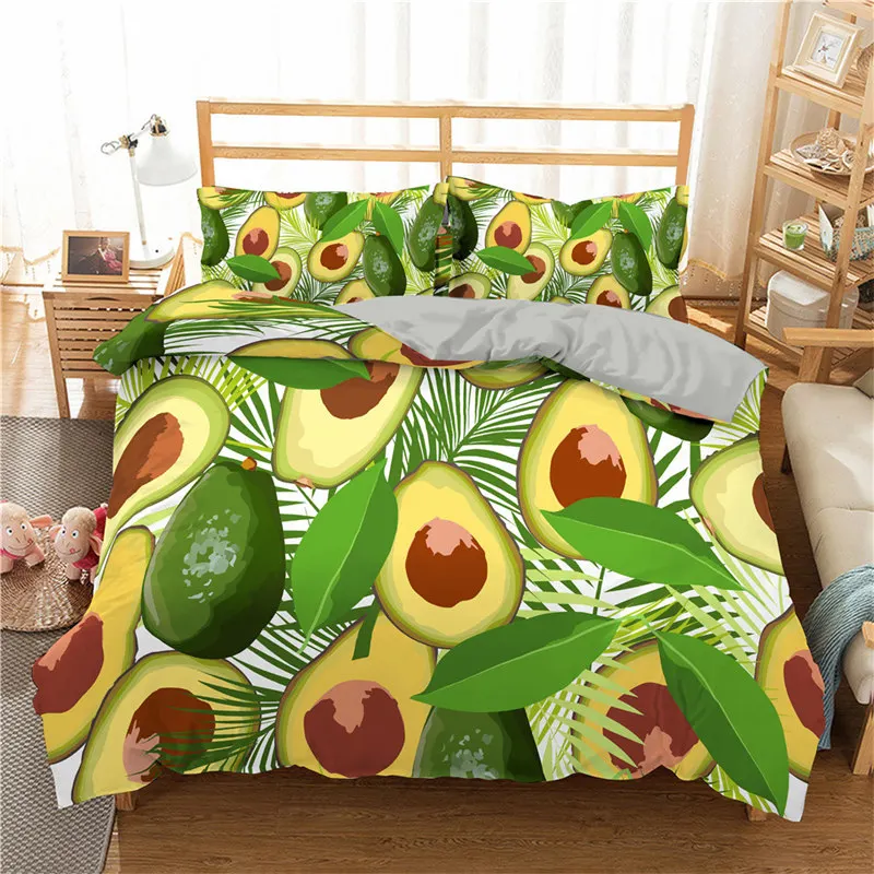 

Green Halved Avocado Pattern Duvet Cover Cartoon Funny Faces Avocado Bedding Set Twin King Microfiber Tropical Fruit Quilt Cover