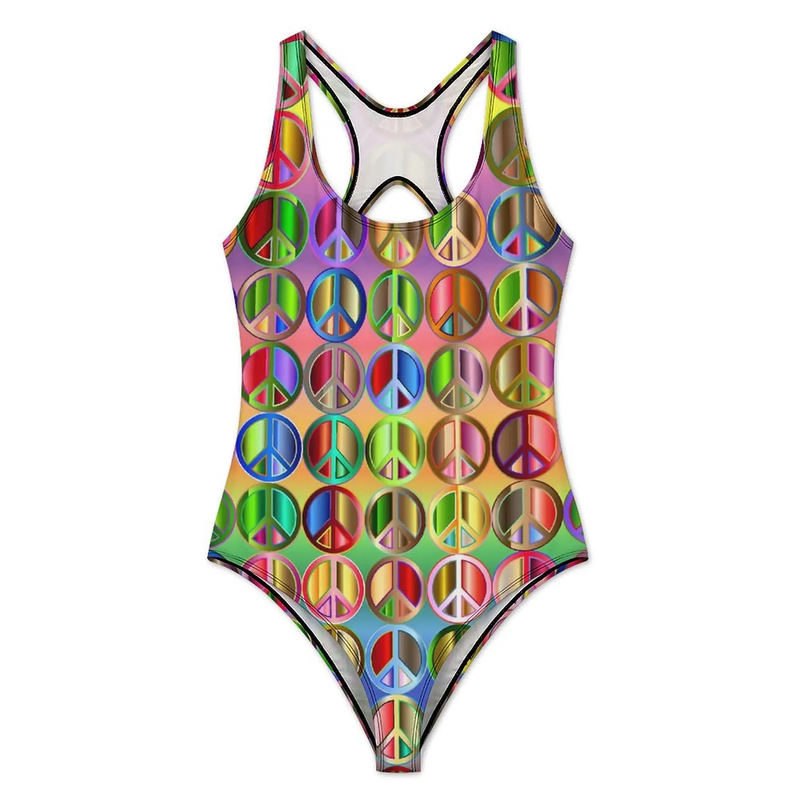 Neon Peace Sign Swimsuit Colorful Print Swimwear One Piece Holiday Pool Bodysuit Hollow Out Bathing Suit Push Up Sexy Beachwear