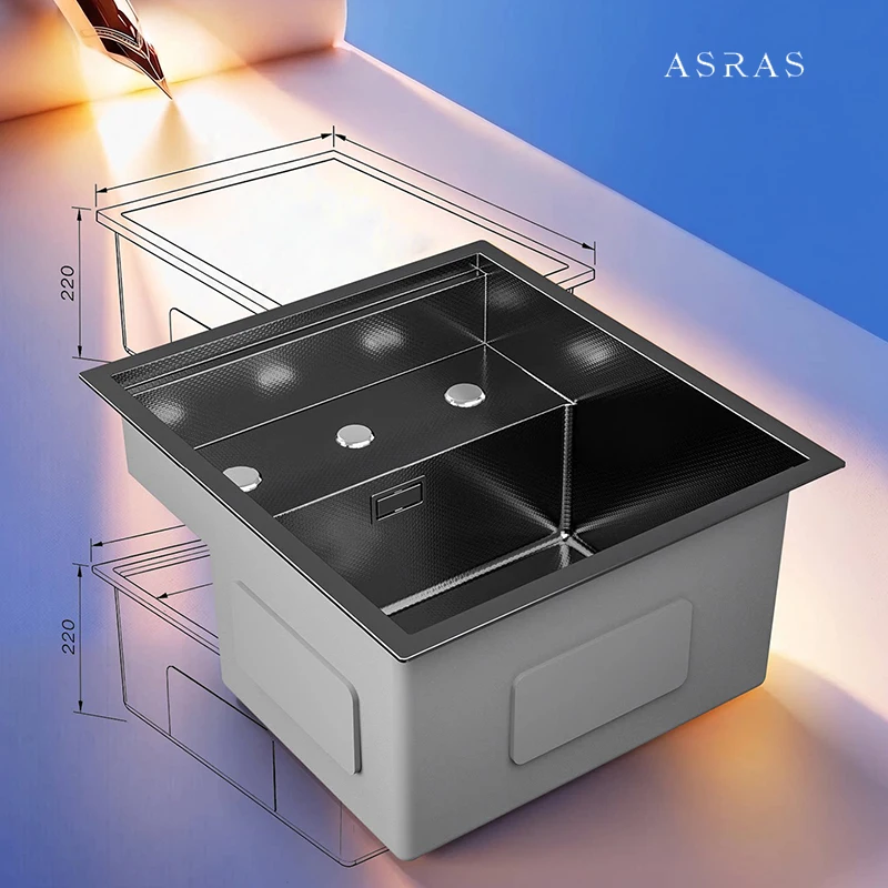 Asras Nanometer Hidden Bar Counter Kitchen Sinks Rice Grain Embossing Prevent Scratches Handmade Island Sinks With Cup Rinser