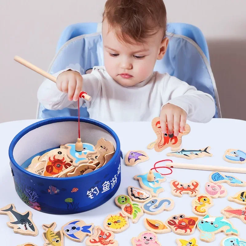 Wooden Bucket Ocean Fishing Toys Children\'s Early Education Puzzle Cognitive Fun Magnetic Ocean Fish Parent-child Game