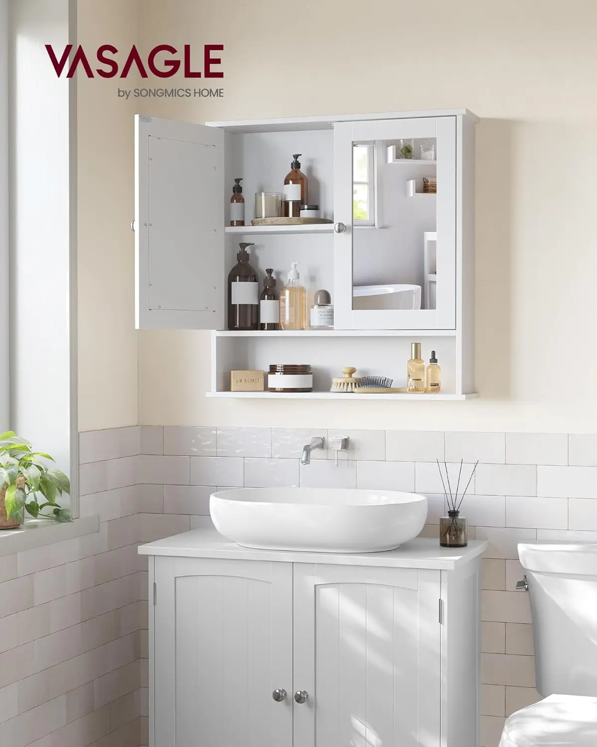 Szafka łazienkowa wisząca z lustrem, regulowaną półką, otwartym przegrodą, biała, 13x57x58 cm