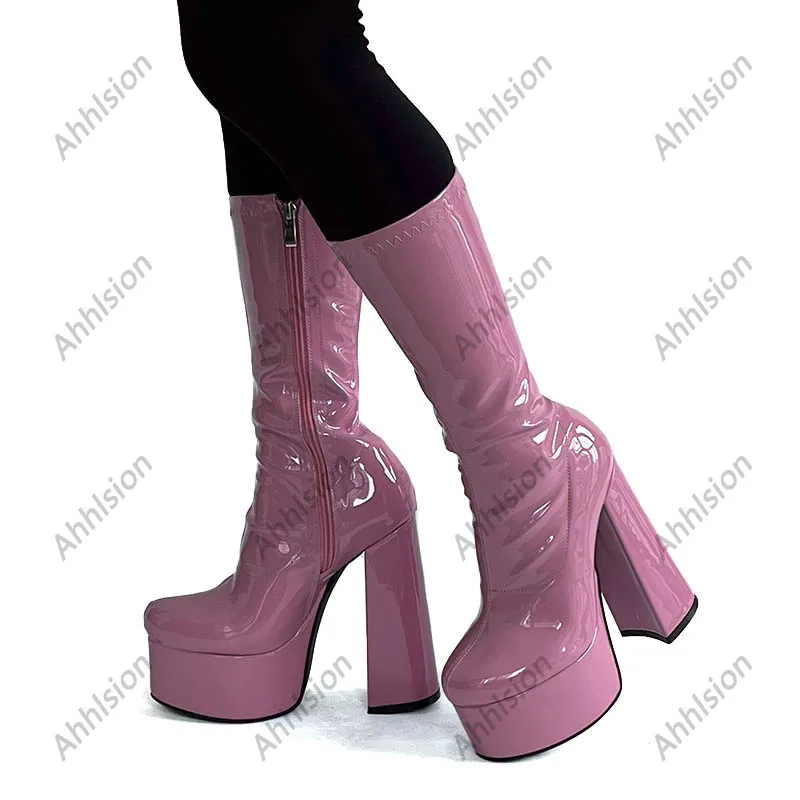 Ahhlsion New Fashion Women Spring Mid Calf Boots Chunky Heels Round Toe Beautiful Violet Club Shoes Ladies US Size 5-15