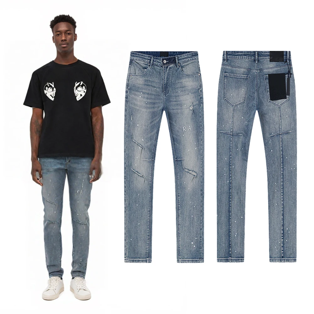 

Джинсы Slim Fit в стиле стритвир с вышивкой букв, хип-хоп, уличный стиль, хлопковые, повседневные, ретро, рваные, с эффектом потертости, узкие джинсы