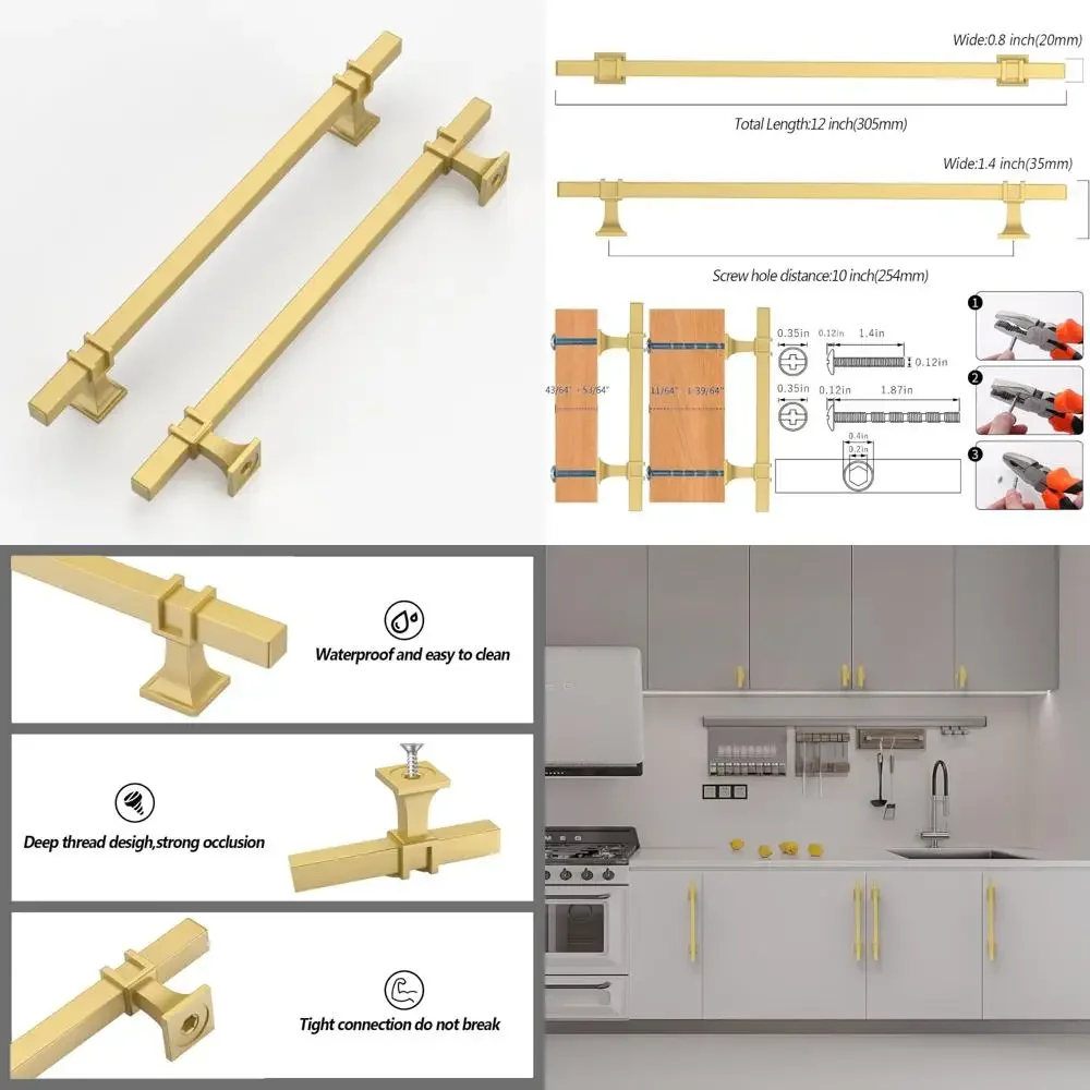 

Матовые золотые ручки для шкафа, 10 шт., 10-дюймовые квадратные ручки для кухонных шкафов, ящиков и шкафов, стильная золотая фурнитура для