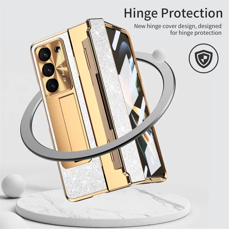 Funda con Protector de pantalla para Samsung Galaxy Z Fold 6 5 Z Fold 4 Z Fold 6 5G, cubierta chapada de una pieza con soporte dorado