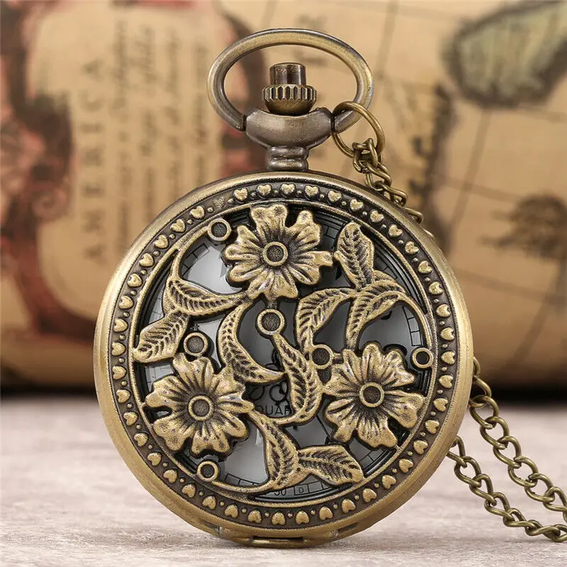 Antike Klassische Taschenuhr mit Gravierte Blume Abdeckung Männer Frauen Bronze Quarz Analog Uhren Halskette Anhänger Kette Geschenk