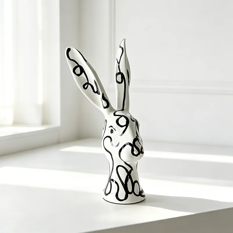 Simulation of Rabbit Sculpture Resin Handicraft Black and White Geometric Lines Rabbit Head Ornament Decorative Figurines