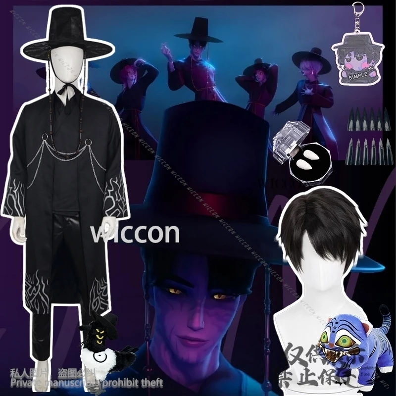 Film d'anime Kpop démon Saja garçon Cosplay Jinu Goth Costume idole coréenne longue uniforme noir chapeau accessoire de tatouage beau Halloween ssi
