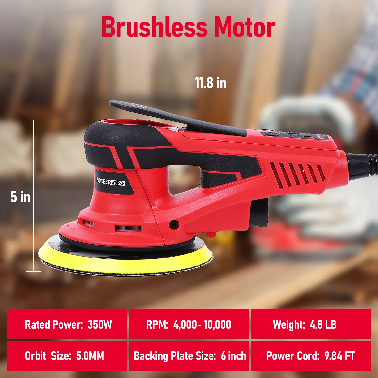 Electric Random Orbital Sander Brushless Motor Powerful 350W Low Vibration 10000 RPM,6-Inch For Woodworking Polishing,Carpentry